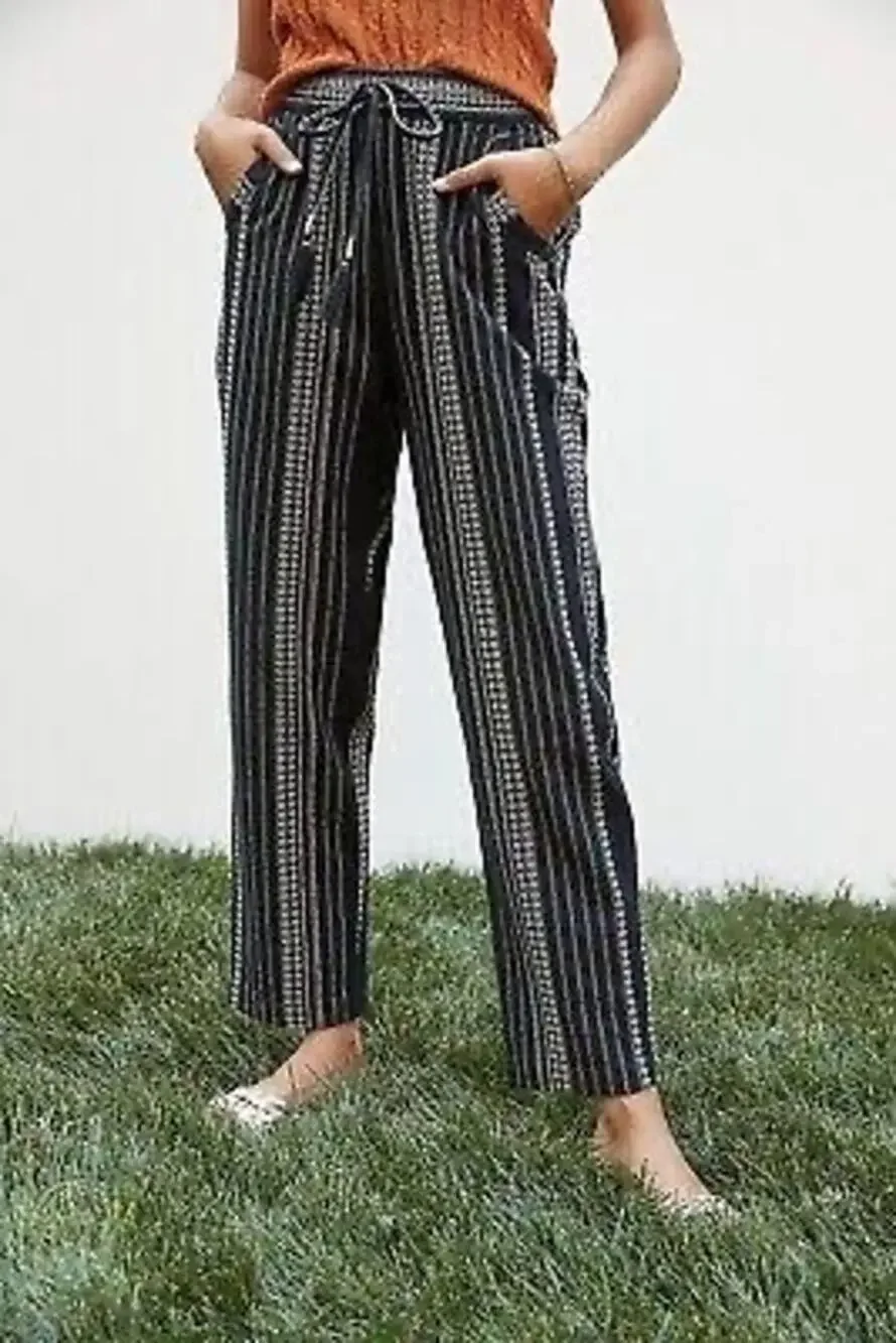 Anthropologie Beach Pants Embroidered Black & White Bohemian Cropped Medium